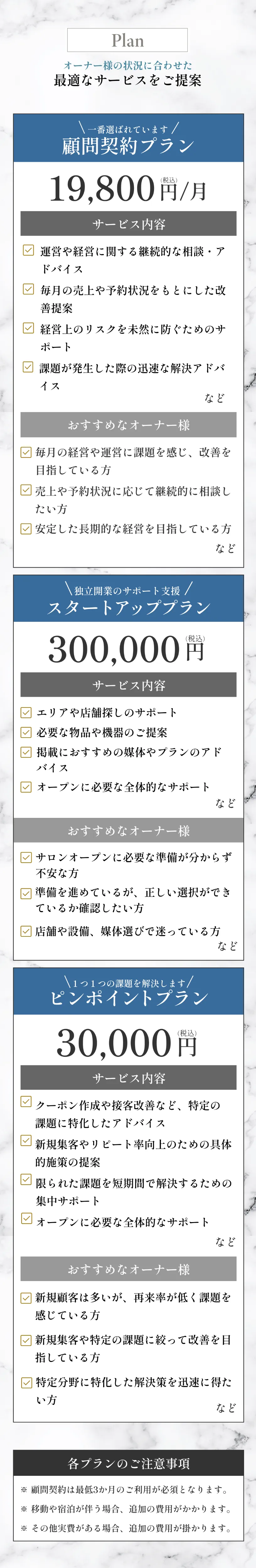 オーナー様の状況に合わせた最適なサービスをご提案①顧問契約プラン②スタートアッププラン③ピンポイントプラン